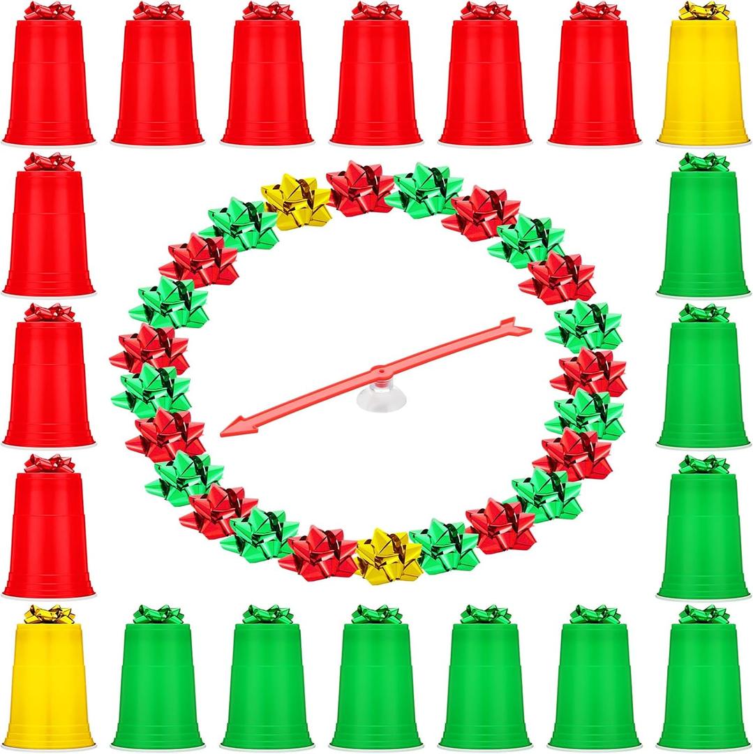 Sosation Christmas Party Games Spinner Wheel Christmas Roulette Raffle Game Set Include 38 Plastic Star Flower 20 Disposable Cups and 1 Pointer Spinner Wheel for Prizes Party Supplies