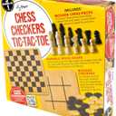 Regal Games - Reversible Wooden Board for Chess, Checkers & Tic-Tac-Toe - 24 Interlocking Wooden Checkers and 32 Standard Chess Pieces - for Age 8 to Adult for Family Fun