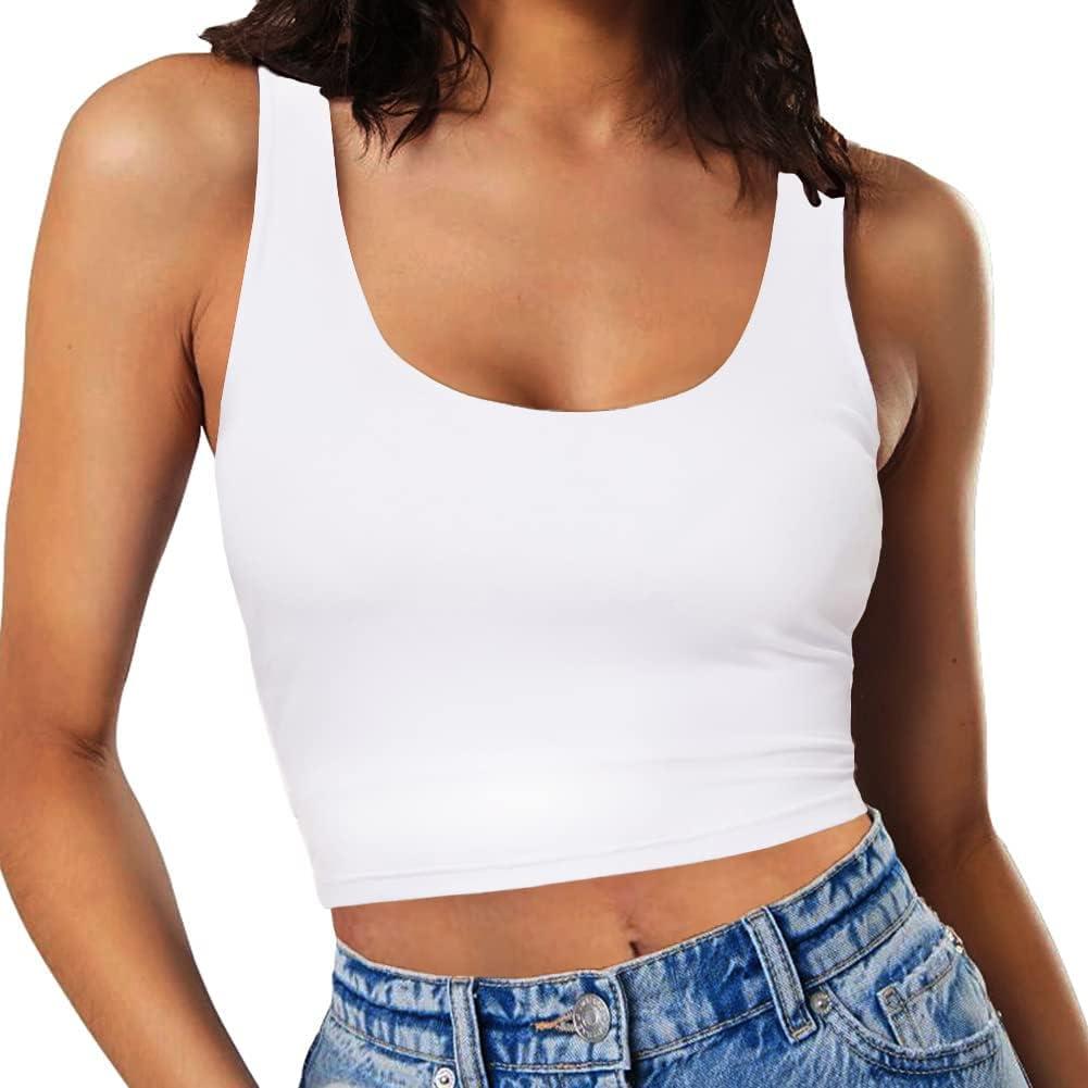 Womens Sexy Sleeveless Crop Tops Double Layer Scoop Neck Cropped Tank Top, XL