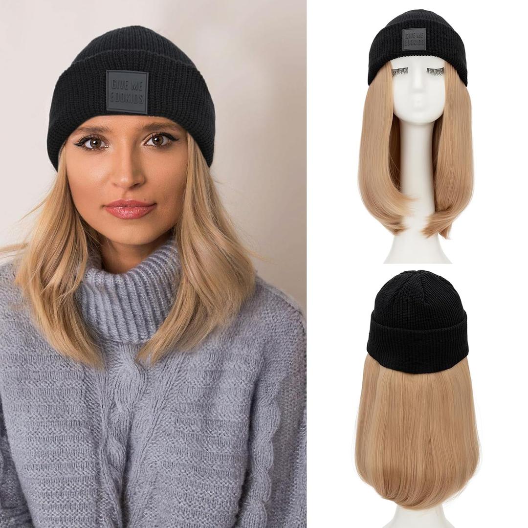 S-noilite Beanie Wig Hair Extensions,Ash Blonde Short Straight Hair Extensions with Knitted Hat Wigs for Women Winter 11 Inch