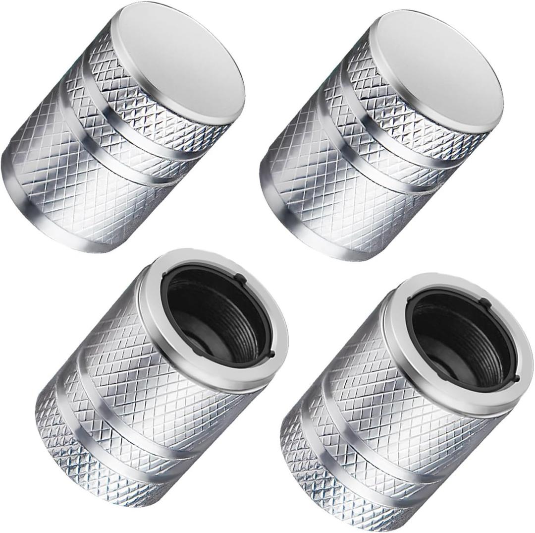 Tire Valve Stem Caps - (4 Pack) Premium Metal Air Caps with Plastic Liner, Durable, Corrosion Resistant and Leak-Proof, Universal Fit for Cars, Trucks, Motorcycles, and Bikes - Silver