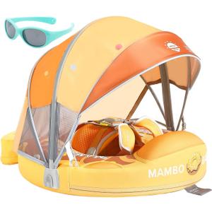 Mambobaby Float with Canopy and Tail New Upgraded Non-Inflatable Baby Pool Float Mambo Float Swim Trainer Solid Infant Swim Float Adjustable Pearl Foam Baby Swim Ring (Doughnut Orange)