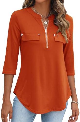 Halife Women's 3/4 Length Sleeve V Neck Flowy Tunic Blouses Work Tops Shirts with Zippers, Size Small
