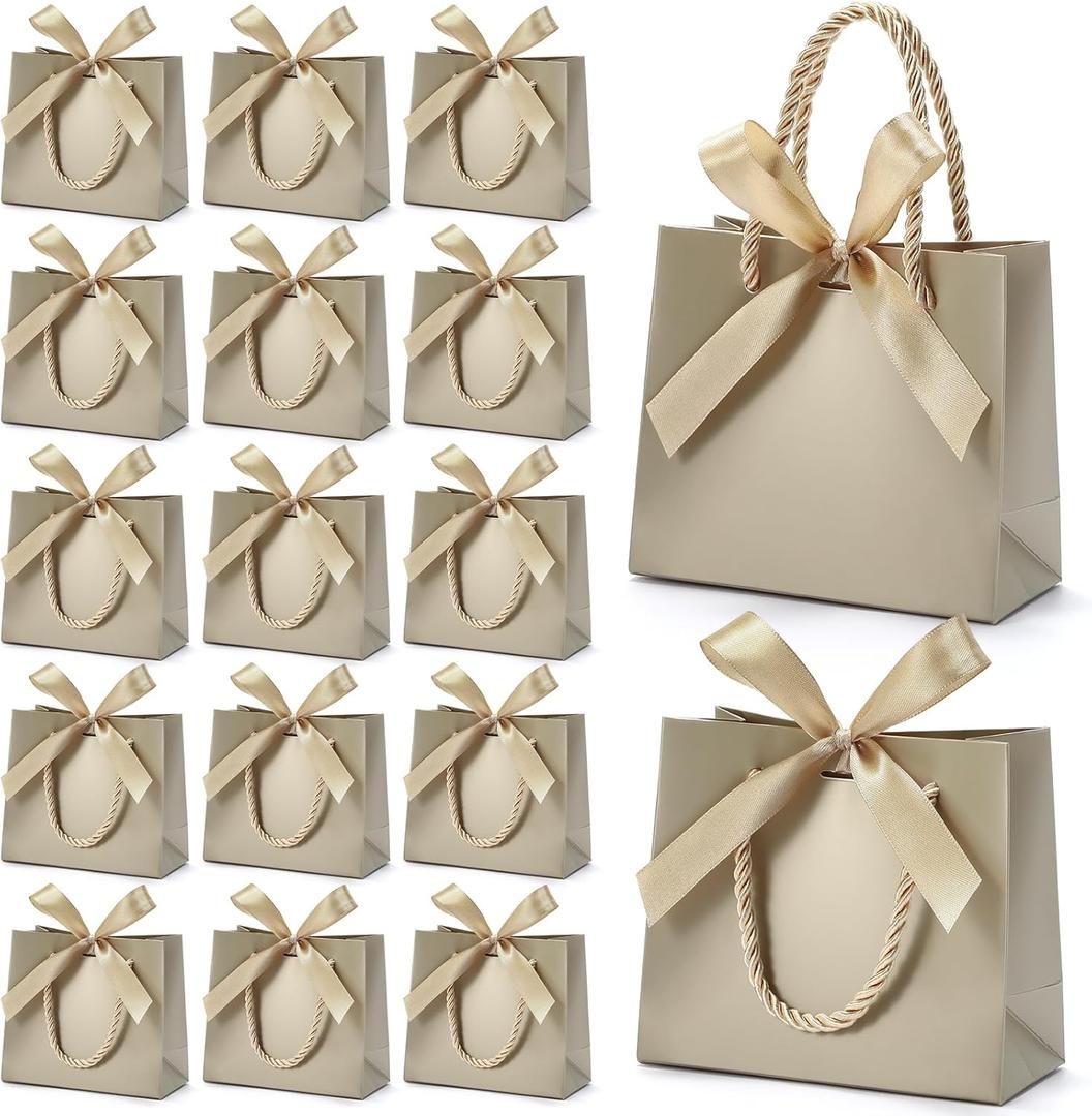 EQOREIIN 50 Pack Small Gift Bags with Handles, Champagne Mini Bag,5.5x 2.5x4.7 Inches Small Thank You Gift Bags Bulk with Ribbon for Party Favors, Mother's Day, Goodie, Weddings, Baby Shower (Champagne)