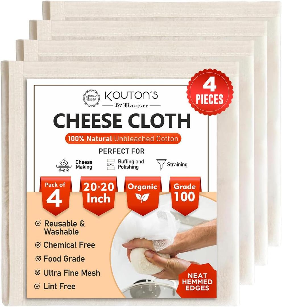 100% Unbleached Cheese Cloths  4 Pcs Precut 20x20 inch Hemmed Reusable Cheesecloth for Straining - Grade 100 Organic Cheese Cloth - Ultra Fine Muslin Cloth for Juicing Brewing Baking Turkey