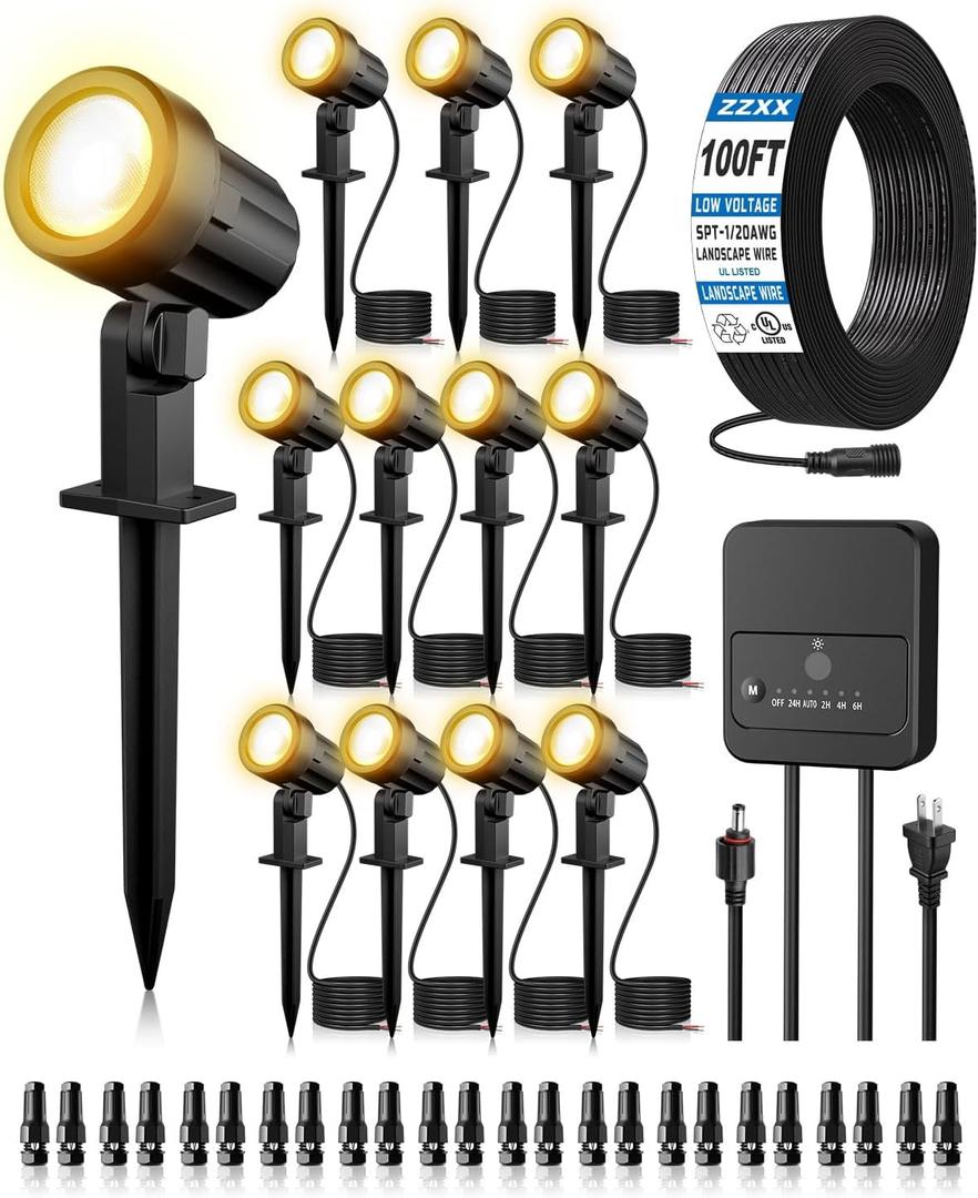 ZZXX All-in-One Low Voltage Landscape Lighting Kit, 12-Pack LED Landscape Lights with Transformer 100FT Wire and Connectors, 2700K Waterproof Landscape Spot Lights for Garden Yard House Tree