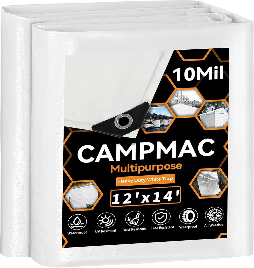 White Heavy Dut Waterproof Tarp 12' x 14', 10 Mil Thick, High Durability, Rip and Tear Resistant with Metal Grommets Every 20 Inches