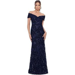 Xscape Women's Off The Shoulder Sequin & Lace Overlay Evening Gown with Sweetheart Neckline, Sheath Formal Dress, Navy, 12P
