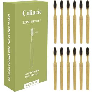 Extra Hard & Firm Bamboo Charcoal Toothbrush Long Head with Wide Thickened Handle Whitening Teeth Pack of 12