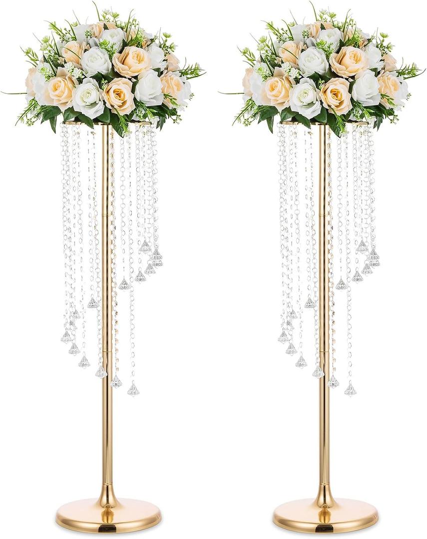 Nuptio Wedding Centerpieces Gold Vases: 2 Pcs 35.4in Tall Crystal Flower Vase Metal Flowers Stand for Party Tables Decorations - Elegant Bulk Weddings Decoration Table Chandelier Centerpiece Stands