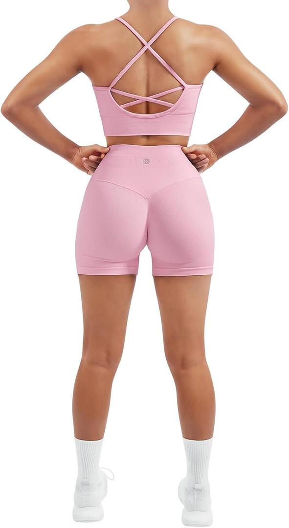 SUUKSESS Women Seamless 2 Piece Workout Sets Criss Cross Sports Bra High Waist Booty Shorts (Medium, Pink)