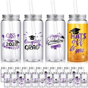 Jingmore 24 Pcs Graduation Cups with Straws Bulk 13.5 oz Class of 2026 Plastic Mason Jars Reusable Tumbler Coffee Tea Hot Cocoa Beverage Happy Graduation Tumbler for Congrats Grad Party Gifts(Purple)