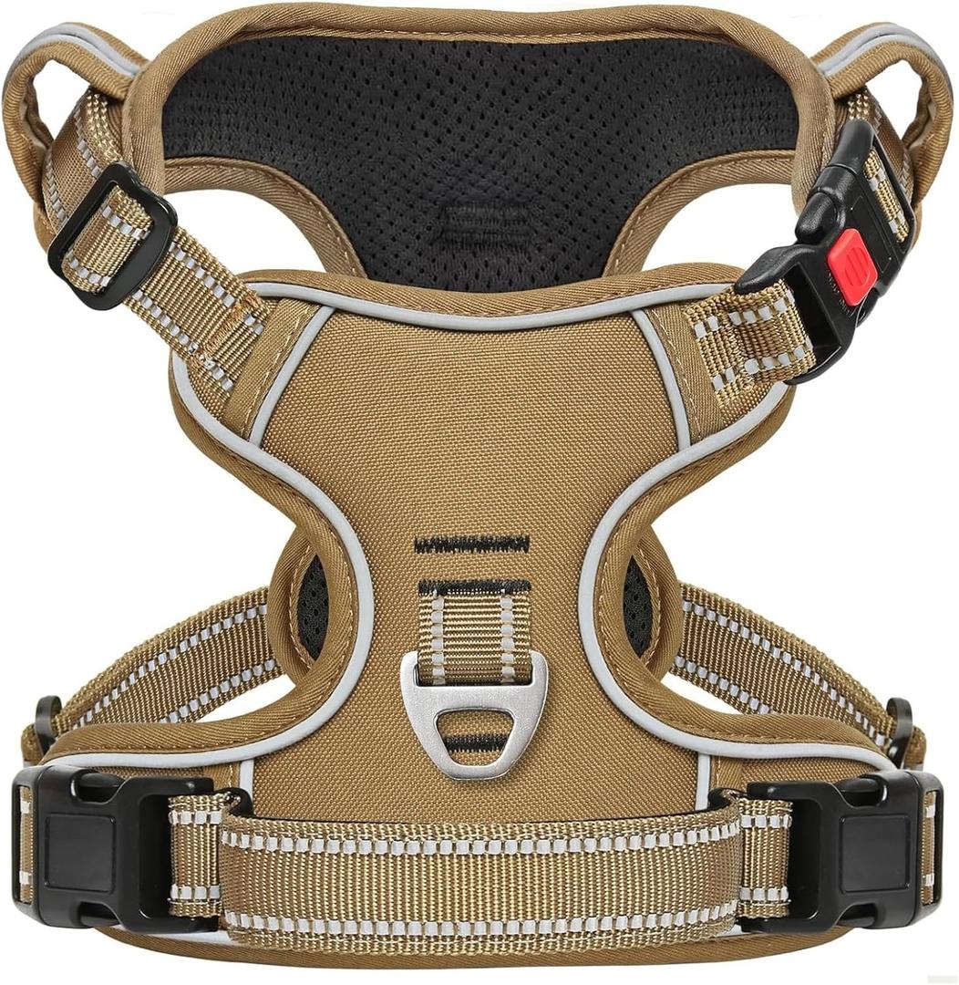 Timos Dog Harness Large Sized, No Pull Pet Harness with Neck Lockable Snap,No Choke Front Clip Dog Reflective Vest,Adjustable Metal Rings 3 Buckles,Easy Control Handle for Large Dogs Khaki L (Large (Pack of 1))