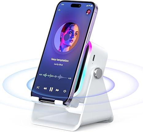 Wireless Induction Speaker - 5 in1 Bluetooth Speaker Phone Stand with Colorful Ambient Light 360° Rotation Compatible with iPhone Android iPad Samsung Galaxy- Unique Birthday Gift for Men Women Adults