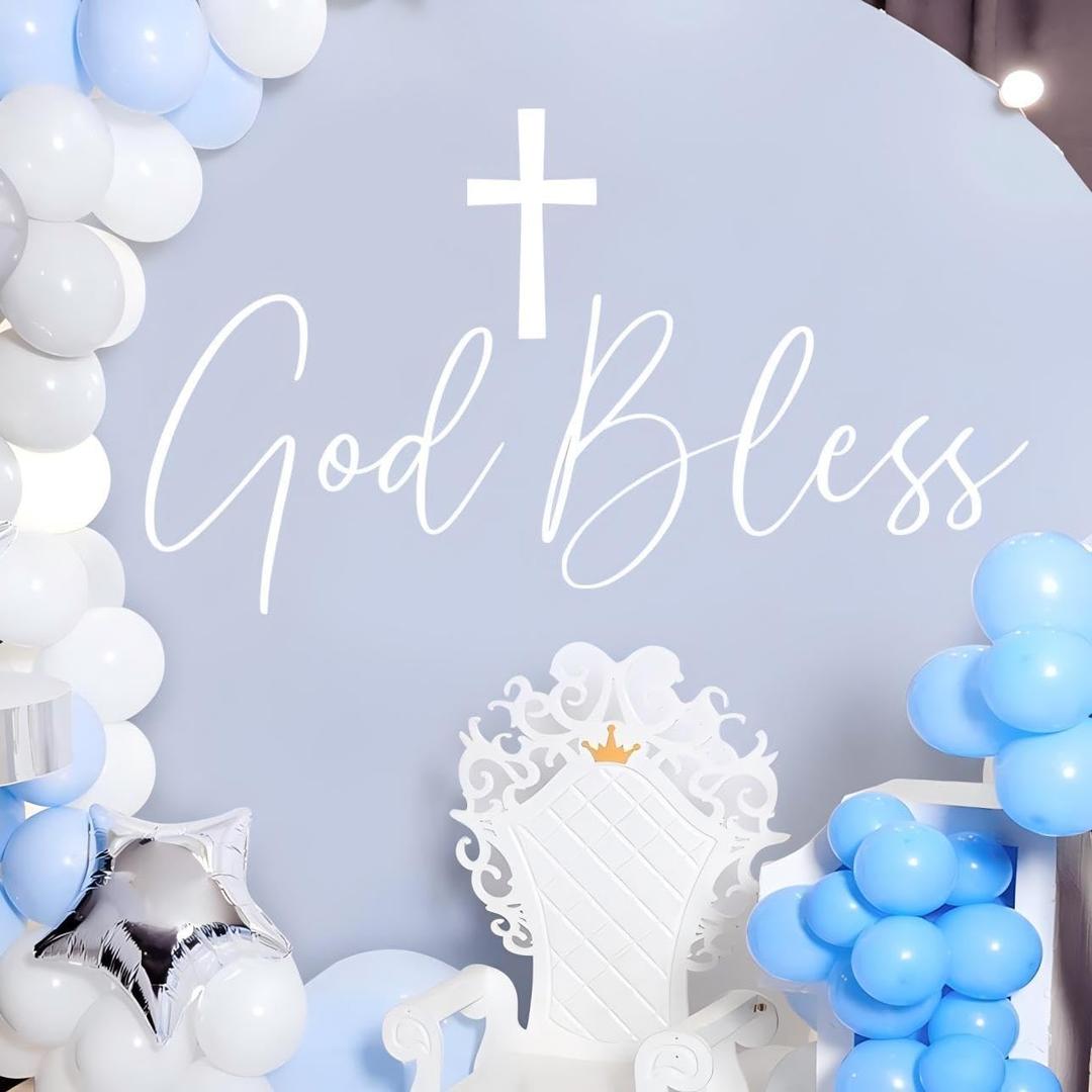 Baptism Wall Decal - God Bless Cross Baby Shower Decal, Baptism First Communion Party Decorations (White)