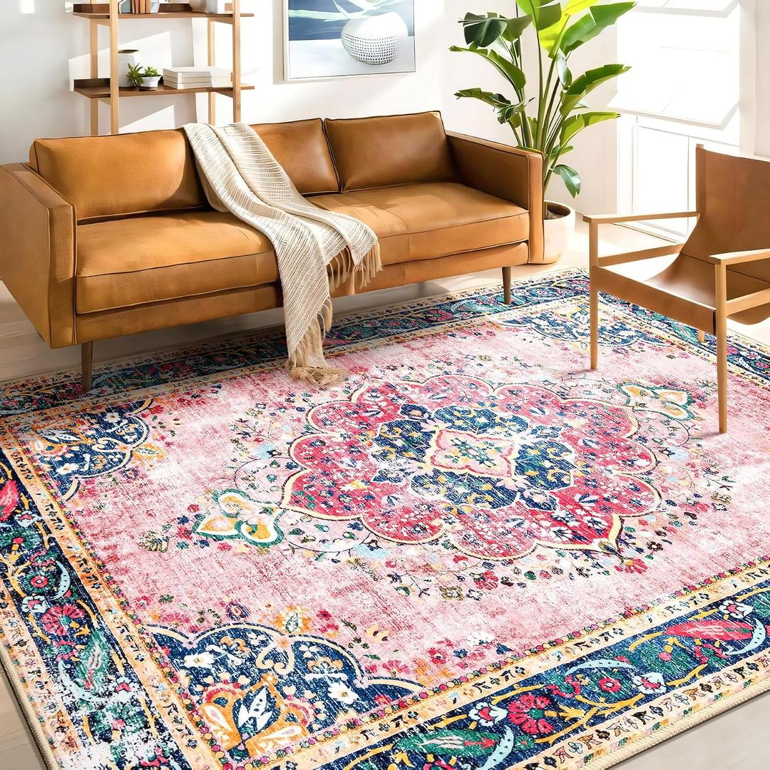 Area Rug 6x9 for Living Room Pink Boho Rug Vintage Rug Non-Slip Washable Low Pile Foldable Large Rugs for Bedroom Dining Room Indoor Floor Carpet