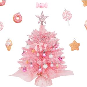 Wangchao Craft 20" Mini Pink Christmas Tree, Artificial Small Table Top Warm Lights, Star Treetop and Ornaments, Tabletop Christmas Tree for DIY Pink Christmas Decoration Gifts