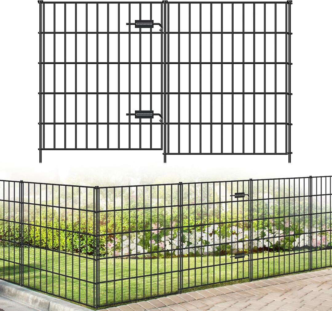 Metal Garden Fence with Gate 33.3in (H) x 23.3ft (L), 1 Gate + 9 Panels Dog Fence Border Fence Animal Barrier, No Dig Garden Fencing for Yard Flower Bed Lawn Patio Outdoor, PIN332810G Black