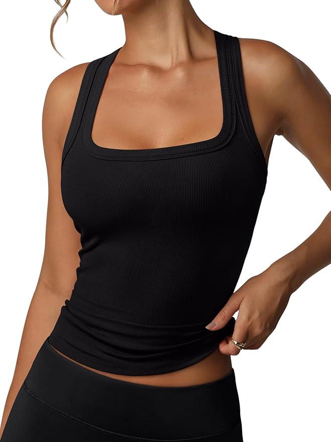 REORIA Built in Bra Tank Tops for Women Summer Sleeveless Racerback Square Neck Casual Basic Ribbed Tops 2026, XS