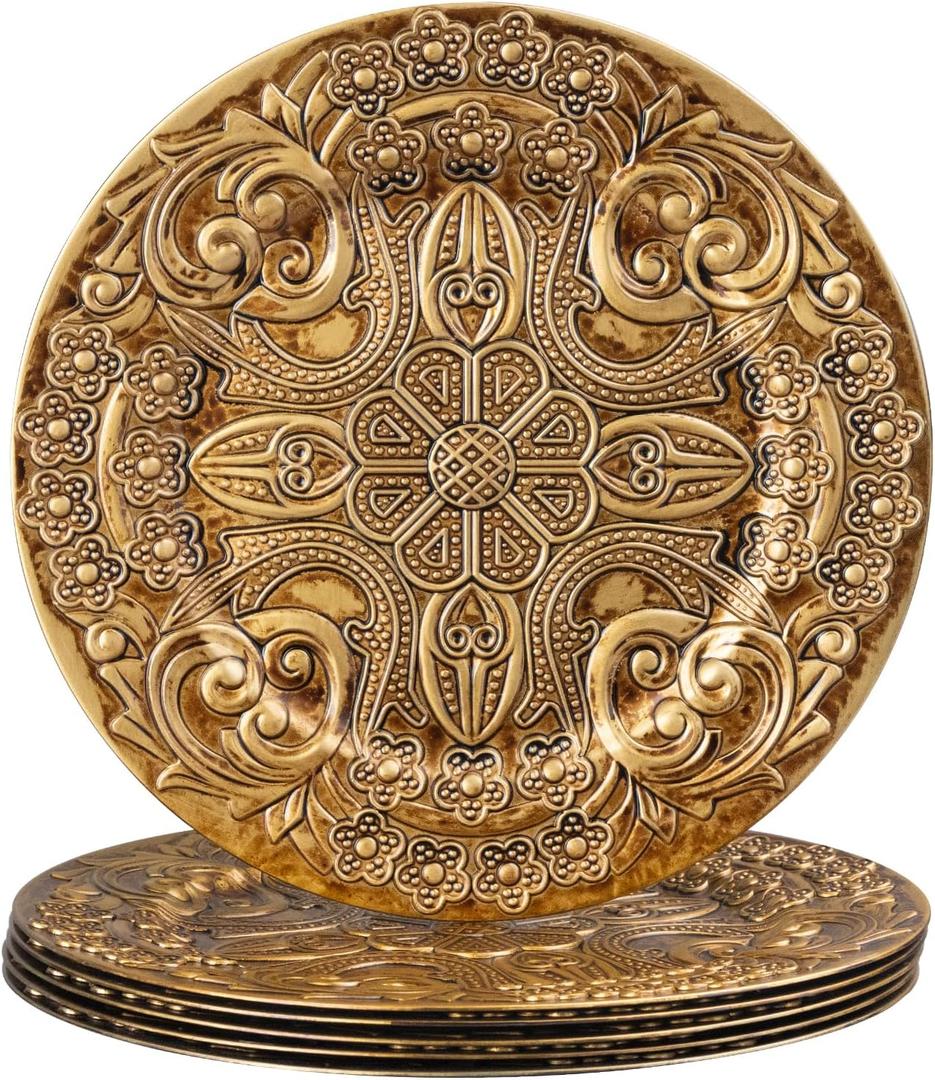 MAONAME Antique Gold Charger Plates, Set of 6, 13" Plastic Plate Chargers for Dinner Plates, Round vintage Charger for Plates