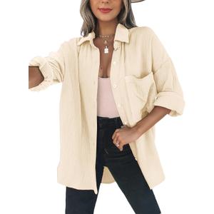 Dokotoo Womens Color Block Button Down Shirts Long Sleeve Oversized Boyfriend Blouses Tops (L)
