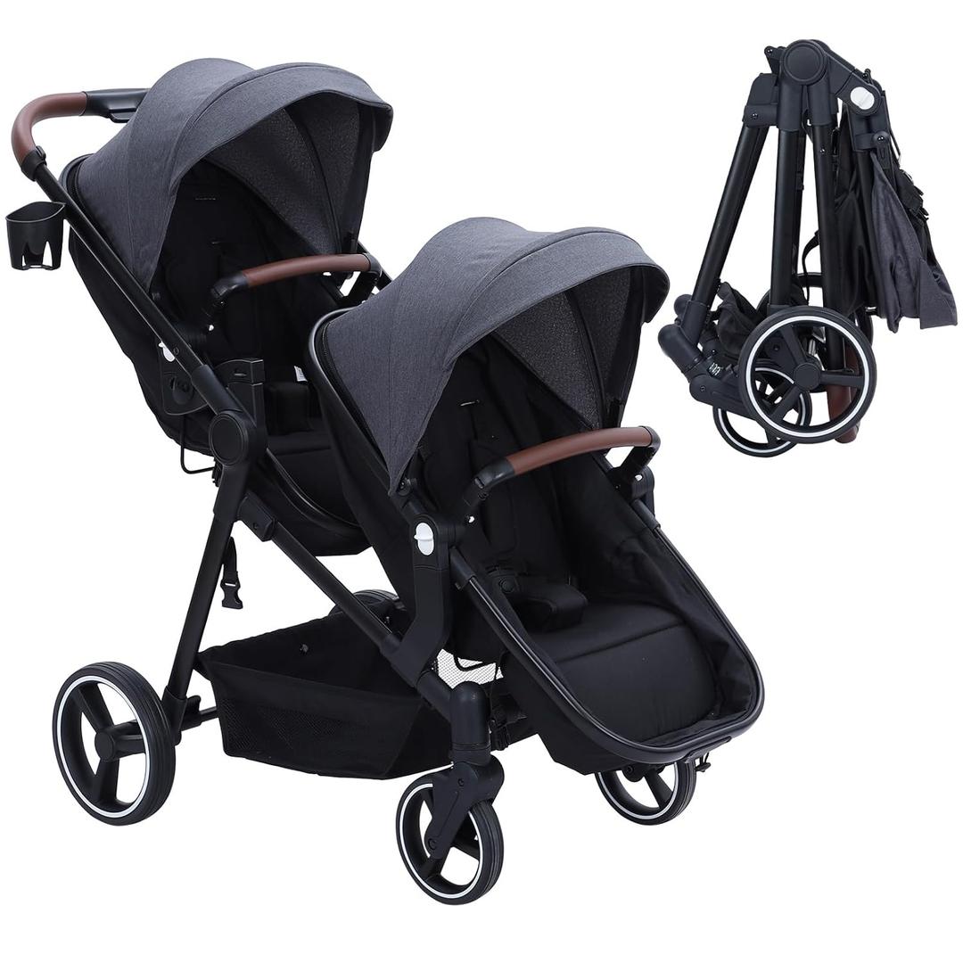 Double Stroller for Infants and Toddlers, Foldable Tandem Stroller, Reversible Pushchair Bassinet Pram with Large Storage Basket, Adjustable Backrest & Canopy, Dark Grey