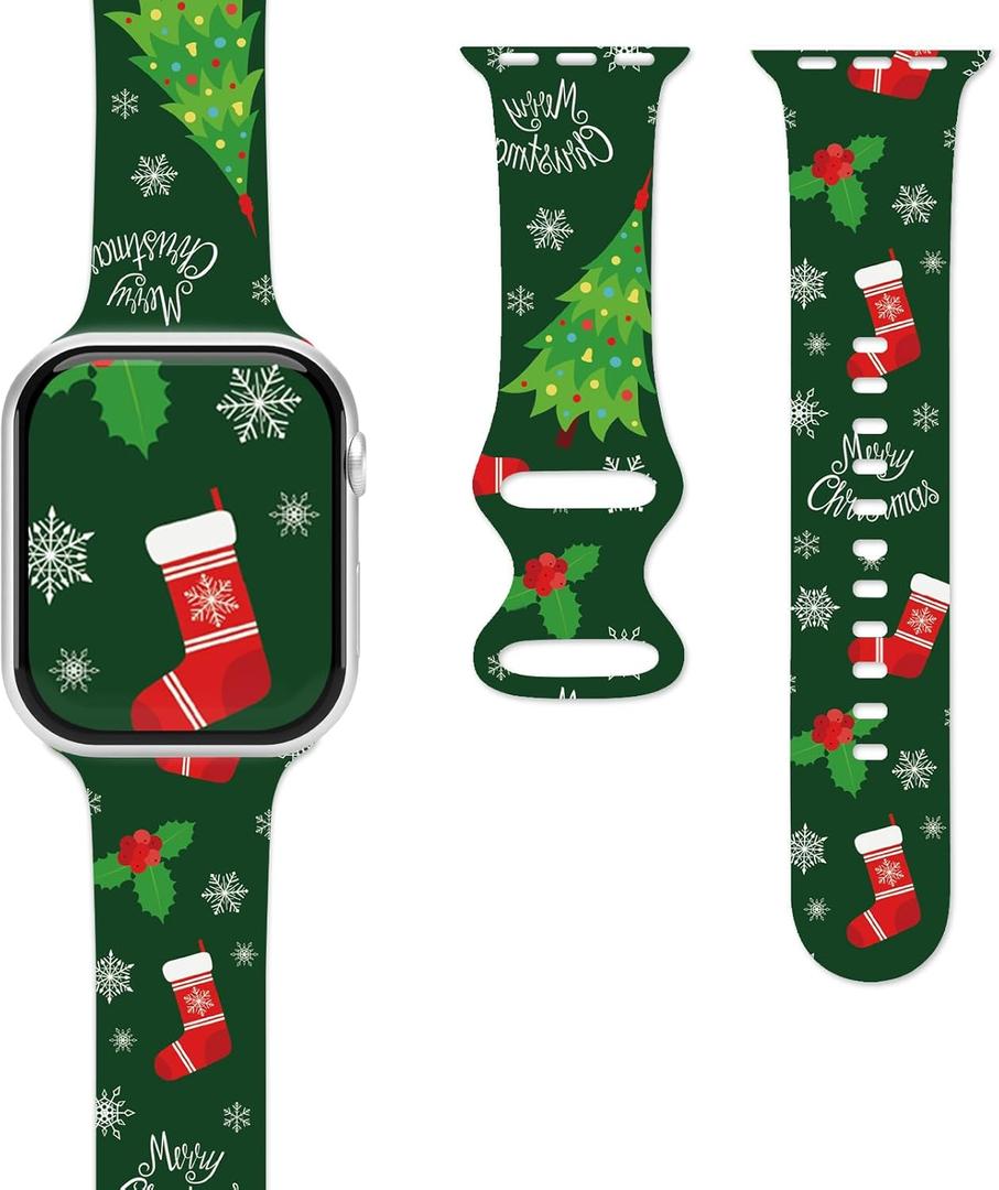 2 x Christmas Watch Bands for Apple Watch Band 38/40/41/42/44/49mm for Men Women, Silicone Waterproof Adjustable Printed Smartwatch Strap for iWatch Series 9 8 7 6 5 4 3 2 1 SE Replacement Wristband Gifts (Green Christmas Tree)