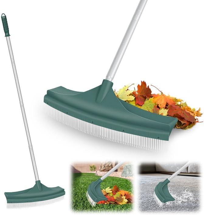 ORIENTOOLS Artificial Turf Rake, Curved Grass Rake with 4-Section Adjustable Steel Handle from 30" to 53", Hand Telescopic Brush, for Artificial Turf, Patios, Carpets, Pet Hairs and Garden Lawn Clean