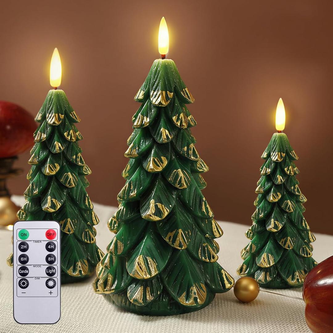 Verdenu 3 Pack Christmas Tree Candles with Remote Timer, Real Wax LED Christmas Tree Candle, Battery Operated Flickering Flameless Candles, for Christmas Holiday Decoration