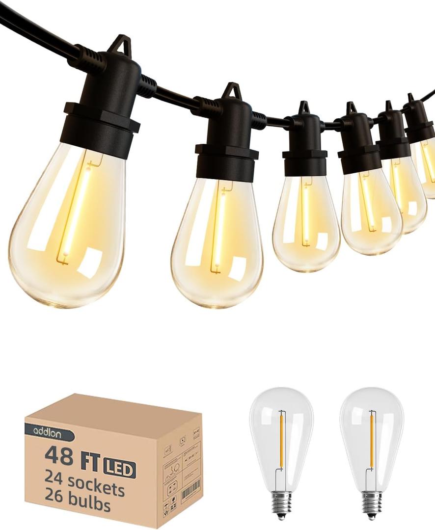 addlon 48FT(2FT Space) LED Outdoor String Lights with 24 Edison Shatterproof Bulbs, Heavy-Duty and Weatherproof Strand, Commercial Grade Patio Lights, Decorative for Garden or Patio, Black addlon 48FT(2FT Space) LED Outdoor String Lights with 24 Edison Shatterproof Bulbs, Heavy-Duty and Weatherproof Strand, Commercial Grade Patio Lights, Decorative for Garden or Patio, Black