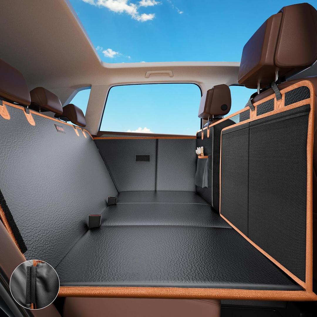 FURTIME Dog Car Seat Cover for Back Seat, Upgraded PU Leather Back Seat Extender with Hard Bottom Holds 400LBS, Waterproof Anti-Scratch, Large Space Back Seat Cover for Car, SUV, Small Truck (Black)