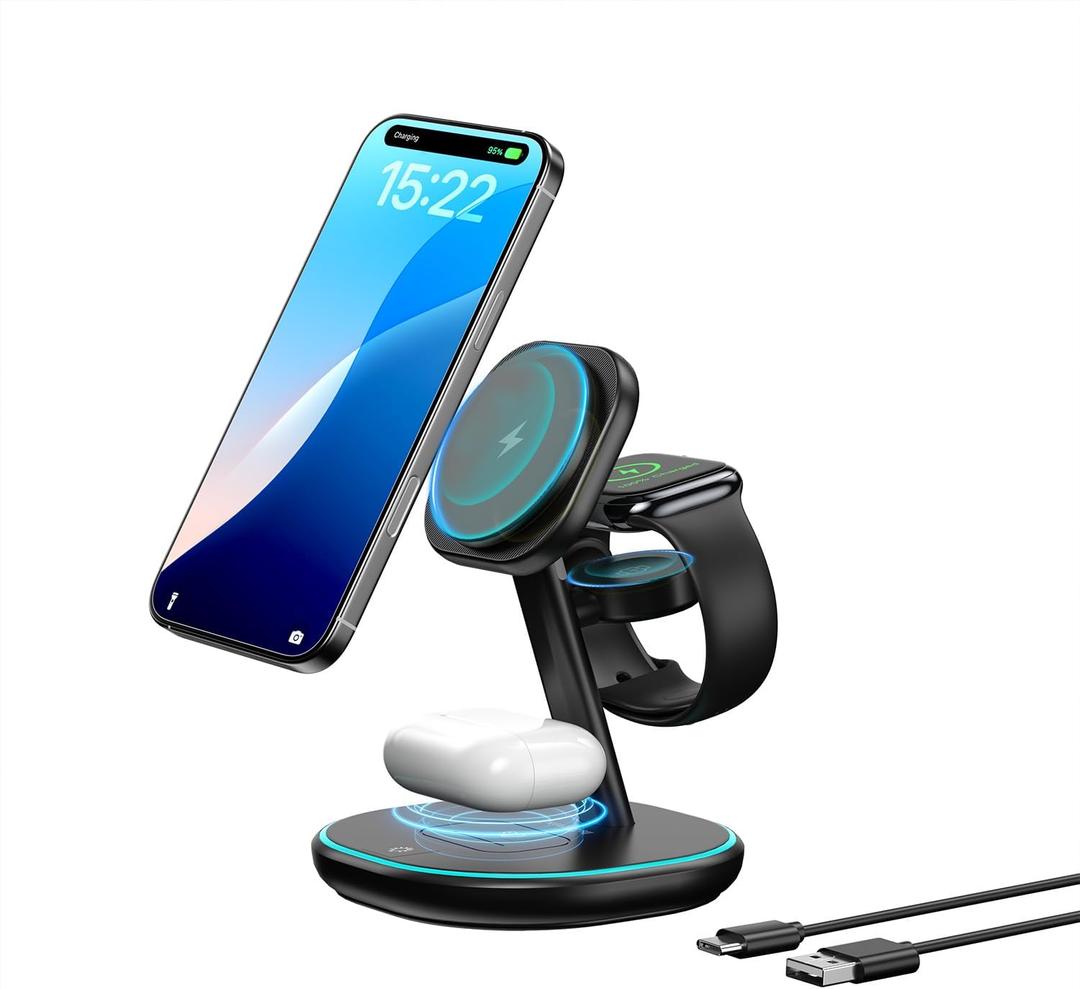 3-in-1 Charging Station, 2X Faster 15W Wireless Charging Station for iPhone 16/15/14/13/12, for Apple Watch, AirPods, Magnetic Wireless Charger with Sleep Friendly Light (Black)
