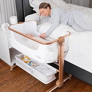 KoolerThings Baby Bassinet, Bedside Sleeper for Baby, Easy Folding Portable Crib with Storage Basket for Newborn, Bedside Bassinet, Comfy Mattress/ Travel Bag Included (Bassinet) (White & Gold)