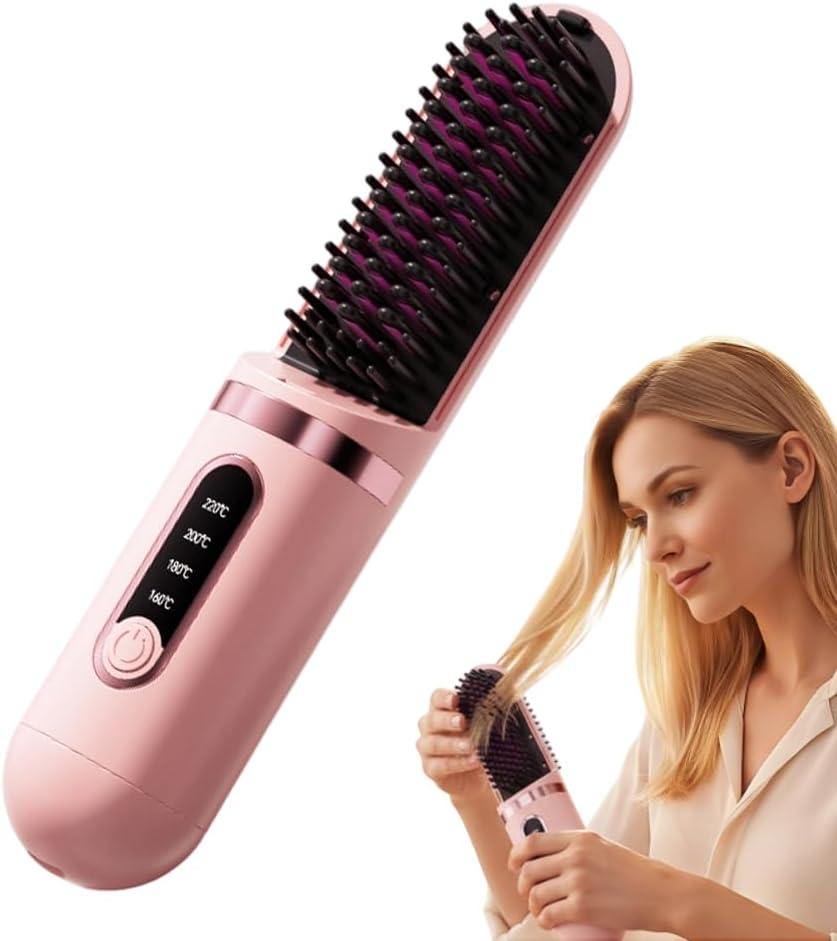 Cordless Hair Straightener Brush - Portable Hair Brush Straightener Cordless for Travel - 300 Million Negative Ions for Frizz-Free Shine, Touch Up On-The-Go,Type-C Rechargeable,Fast Heating (Pink)