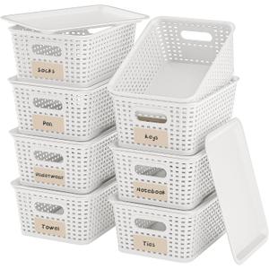 8-Pack White Plastic Storage Baskets with Lids, Label Organizers, Stackable Organizer Containers: For Organizing Shelves, Drawers, Desk Closets, Playrooms, Classrooms, Offices