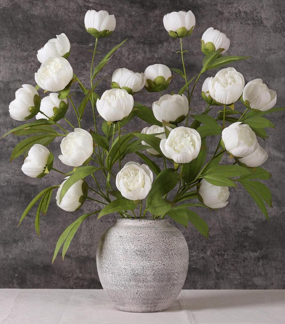 florisso 6 Pcs 27" Faux Silk Artificial Peony Flowers, Fake Peony Branches for Vase DIY Bouquet Centerpieces Wedding Shower Decorations, White