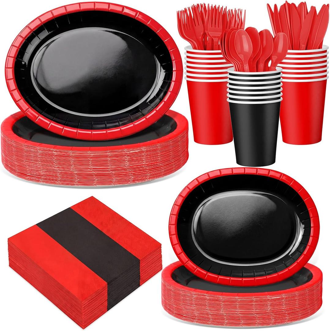 Pajean 350 Pcs Red and Black Party Decorations 12 in Disposable Oval Plates and Napkins Black and Red Heavy Duty Paper Tableware Set for 50 Guests Birthday Baby Shower Wedding Fiesta Party Supplies, 9 oz