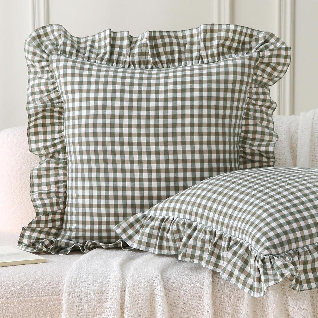 Aryeleay 2 Pack Sage Green White and Brown Plaid Gingham Ruffle Pillow Shams, 100% Washed Cotton Checkered Farmhouse Pillow Covers for Bed/Sofa-20 x20