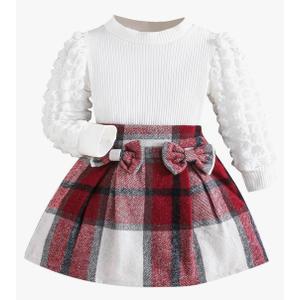 Noubeau Toddler Girls Plaid Outfits Girls Puff Sleeve Knit Ribbed Shirt Tops Plaid Skirt Set Kids Fall Winter Clothes Size 7Y