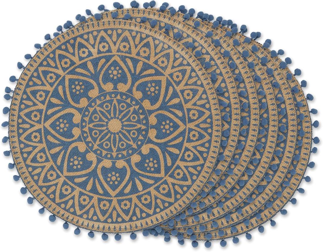 DII Woven Tabletop Collection Natural Jute, Placemat Set, 15" Round, French Blue Block Print, 6 Piece