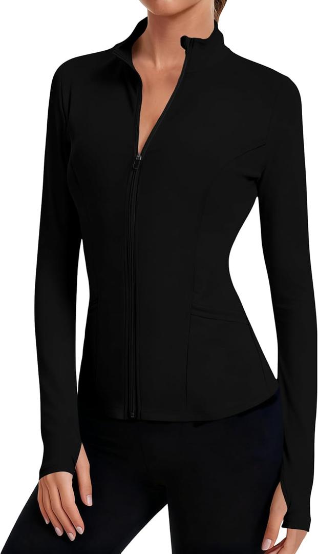LOMON Women's Athletic Jackets Cropped Long Sleeve Workout Tops Yoga Zip Up Jackets Gym Tops Golf Shirts (Black) XS