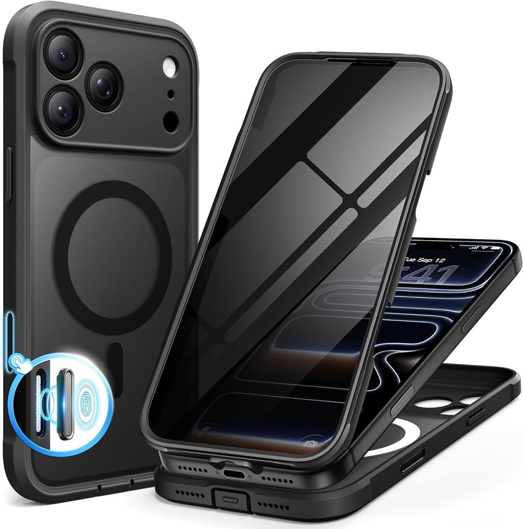 BERFY for iPhone 17 Pro Max Case, Compatible with MagSafe, Built-in Privacy Screen Protector and Camera Protection, Anti-Spy Full Body Shockproof Translucent Matte Phone Case for 17 Pro Max 6.9",Black