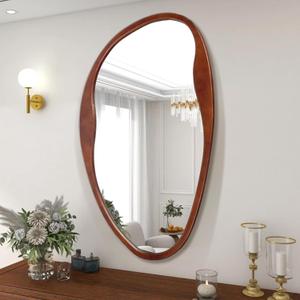 Asymmetrical Wood Mirror, Irregular Wall Mirror, Walnut Wooded Framed Wave Mirrors for Bathroom, Bedroom, Living Room, Entryway, Farmhouse Mid Century Modern Mirrors(36" H x 20" W)