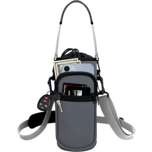 Water Bottle Holder with Strap, Water Bottle Carrier Bag with Phone Pocket, Shoulder Hand Strap Insulated Neoprene 32/40 oz Water Bottle Sleeve for Walking Hiking Camping Gym (under 32oz, 6 GRAY)