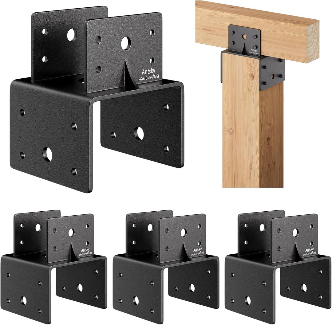 6x6 Post Anchor Connector (4 Pack), Stainless Steel Post Caps Tie Bracket for 6x6 and 4x6 Wood Posts, Beam Anchor Connector, Post Base Bracket for Supporting Wood Beams, Black