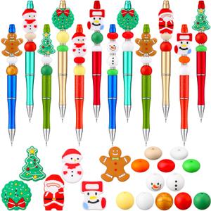 Fuutreo 12 Set 126 Pcs Christmas Beadable Pens Kit Silicone Plastic Wooden Beaded Pens Candy Beads Pen Snowmen Santa Bead Ballpoint Pen Black Ink for Students Kids Teacher School Making DIY(Silicone)