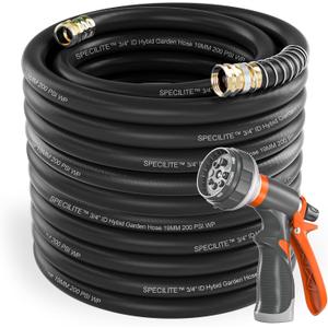 SPECILITE Garden Water Hose 150 ft x 3/4 in Heavy Duty, Flexible and Lightweight, Burst 600 psi, Kink-less Hybrid Rubber Pipe for Backyard, 3/4'' Brass Fittings, Black