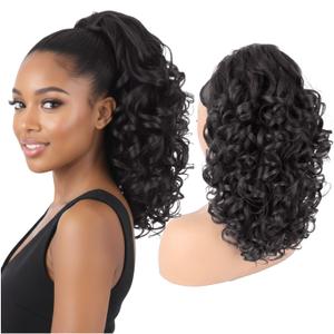 Long Curly Ponytail Extension 20Inch Synthetic Curly Drawstring Ponytail for Women Synthetic Yaki Pony Tail Hairpiece for Daily Use(2# Brown Black)