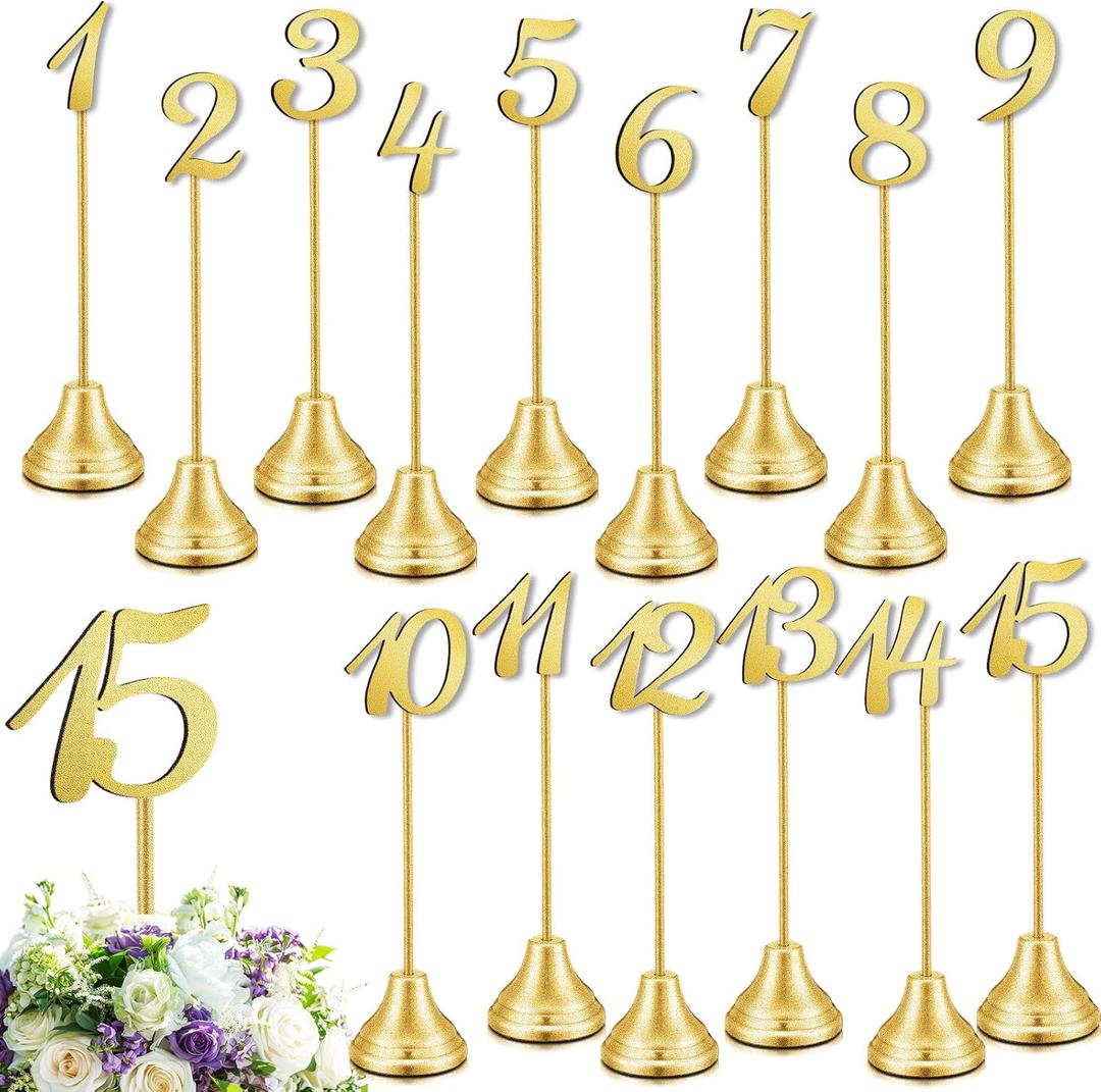 Maitys 15 Pcs Metal Table Numbers 1-15 with Weighted Base 8 Inch Table Number Stands for Wedding Reception, Party, Anniversary, Birthday Banquet(Gold)