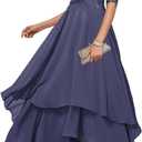 Tea Length Lace Chiffon 1/2 Sleeve Stormy Blue Plus Size Mother of The Bride Dresses for Wedding with Pockets Size 16W